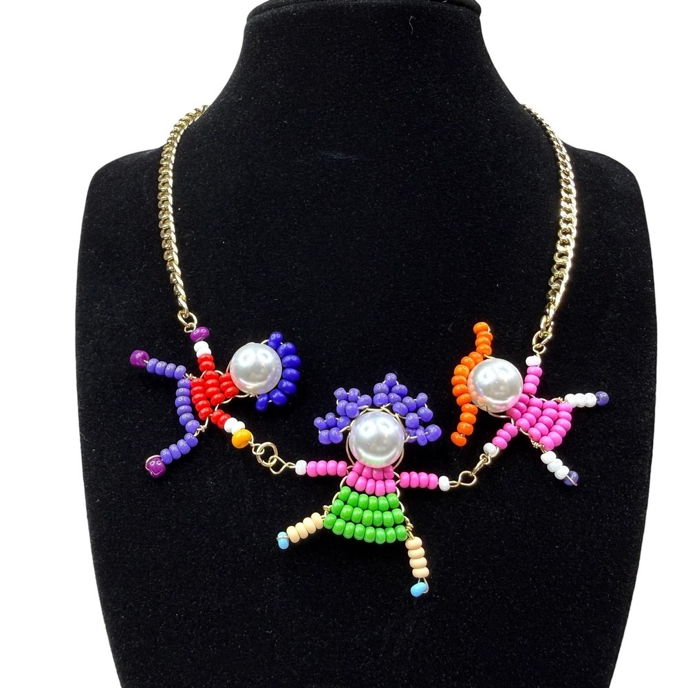 Colorful Beaded Doll Figure Pendant Necklace Gold Tone Chain Fashion Jewelry